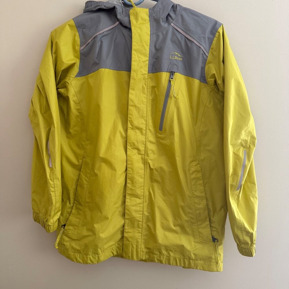 LL Bean Tek Youth L 14-16 Hooded Rain Jacket Yellow Gray Waterproof Windbreaker